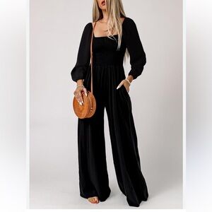 One Piece Long Sleeve Wide Leg Long Pant Jumpsuit Pant Romper With Pockets